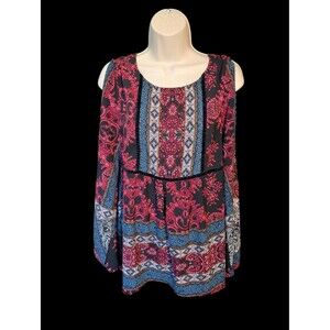 Artesia Black Pink Blue Boho Paisley Cold Shoulder Blouse Top Size M